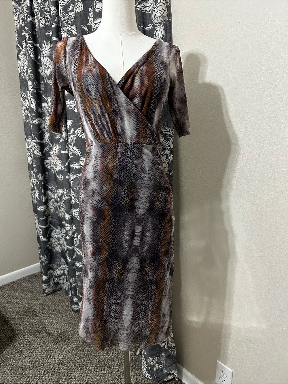 Cache Snake-Print Wrap Midi Dress in Brown & Gray